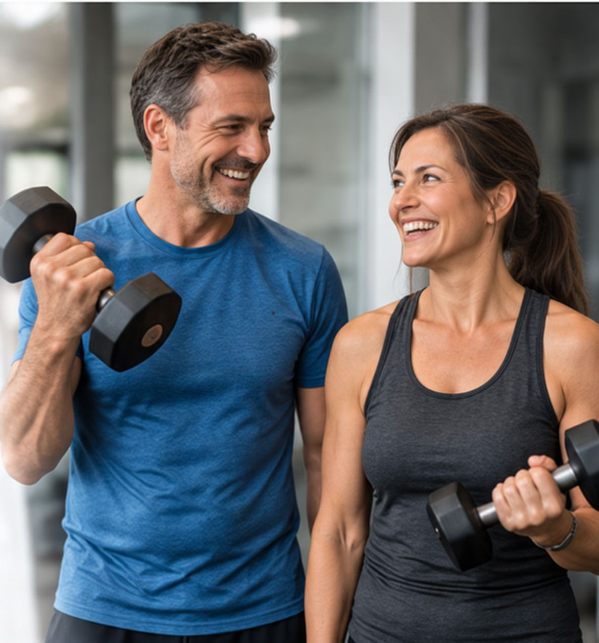 Two adults strength training together with dumbbells